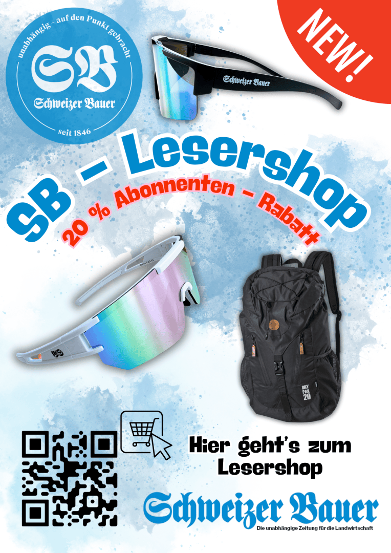 Werbung für den Schweizer Bauer Leser Shop zeigt eine Sonnenbrille, einen schwarzen Rucksack, einen QR-Code und einen Text, der einen 20%igen Rabatt für Abonnenten anbietet. Hier geht's zum Lesershop und NEU! sind auf blauem Hintergrund hervorgehoben.