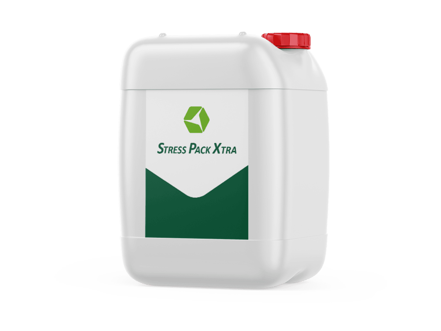 Ein weißer Plastikbehälter mit einem roten Deckel, der in grüner Schrift „Stress Pack Xtra“ aufgedruckt ist und auf der Vorderseite ein grünes geometrisches Logo und Design aufweist.