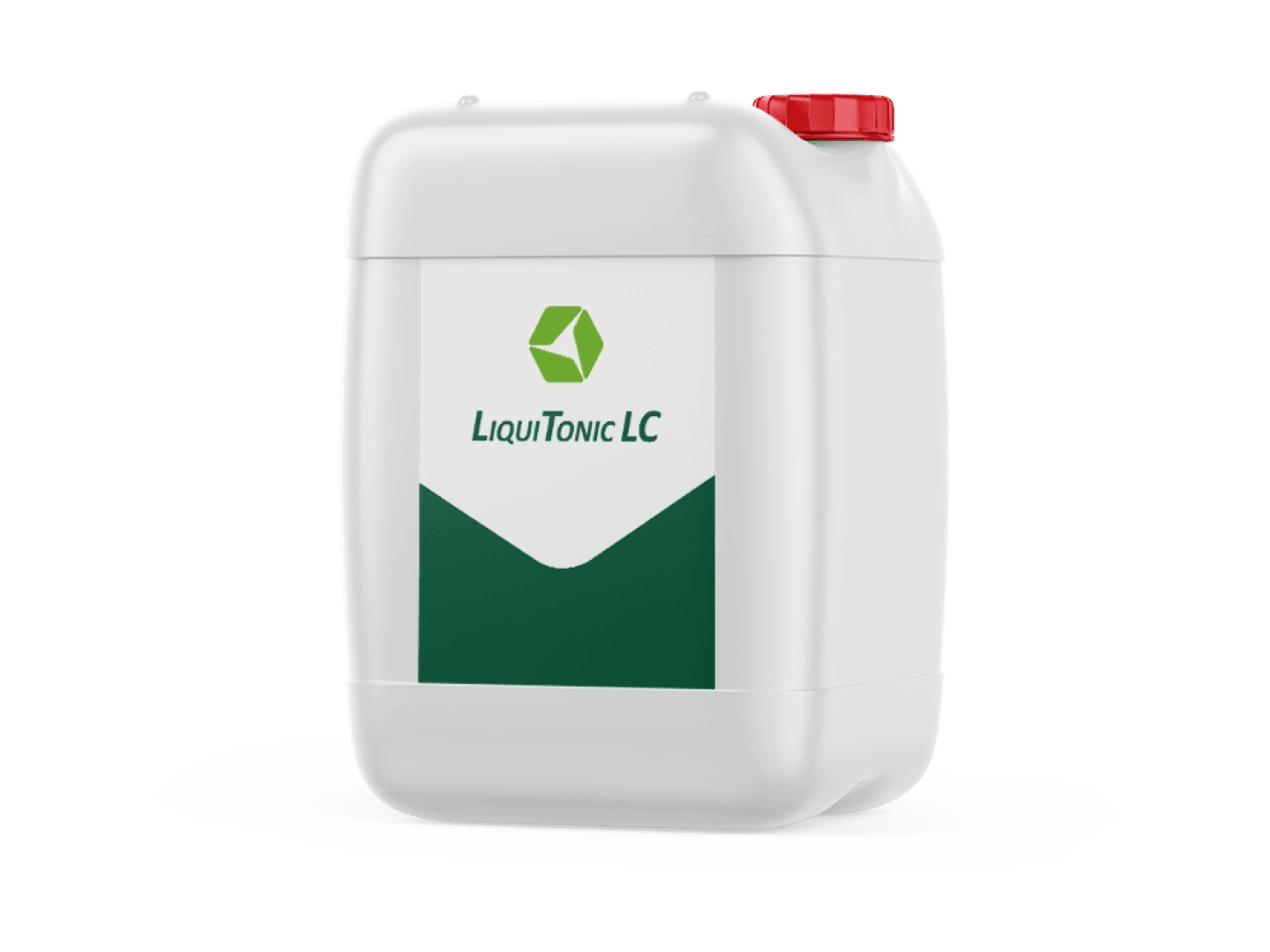 Ein weißer Kunststoffbehälter mit rotem Deckel, einem grünen geometrischen Logo und dem Text LiquiTonic LC auf einem grün-weißen Etikett.