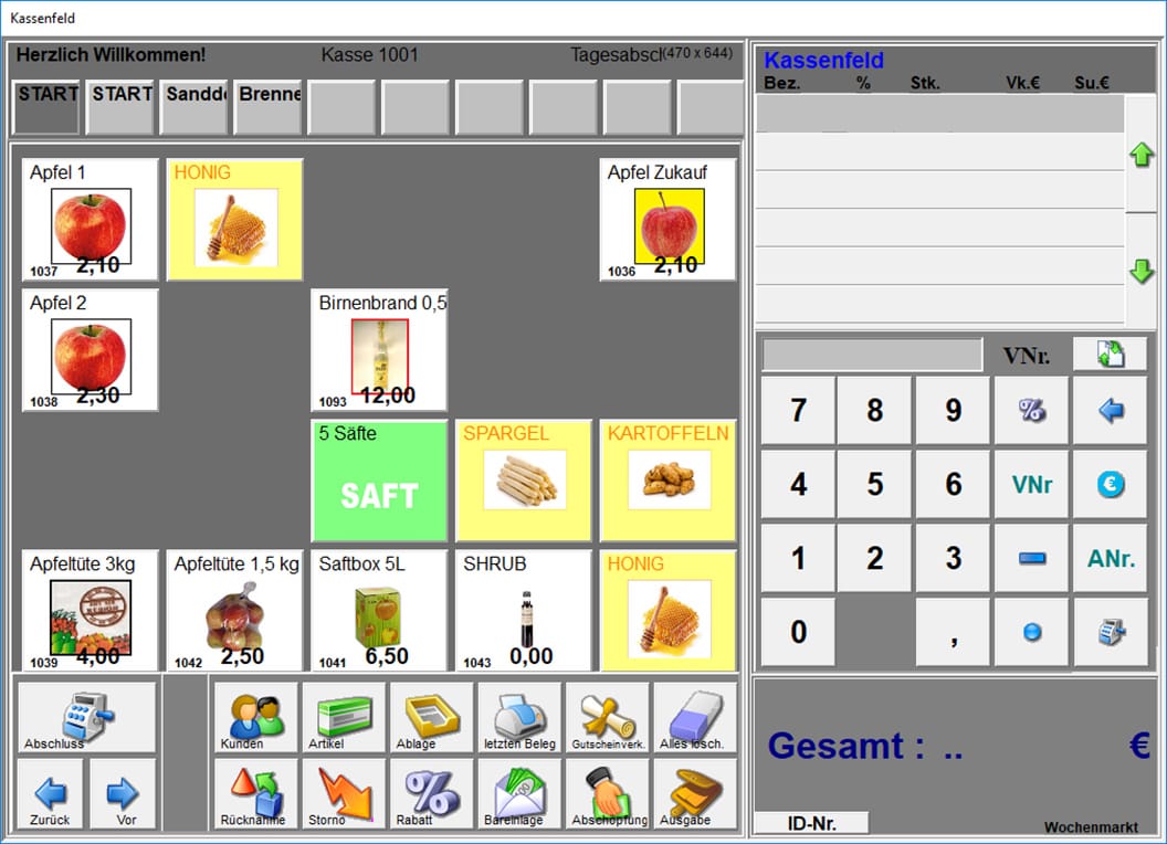 Screenshot der p+w Kassensoftware (Touchkasse)